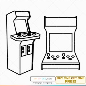 Puede incluir: Ilustración en blanco y negro de dos máquinas recreativas. Las máquinas tienen una pantalla, botones y joysticks.