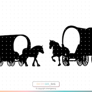 May include: Black silhouette of two covered wagons with horses pulling them. The wagons are facing opposite directions. The image is on a white background with a dotted pattern.
