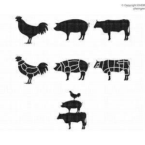 May include: A black and white illustration of a chicken, pig, and cow. The animals are shown in a butchered style, with lines indicating where the meat can be cut.