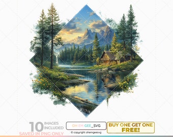 Lake House Clipart: Lakeside Cabin PNG for Sublimation (Digital Download)