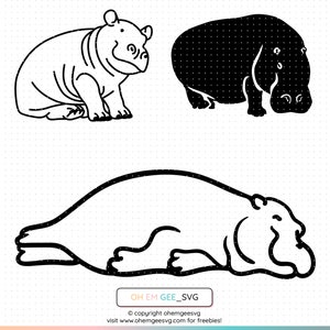May include: Three black and white line drawings of hippos in different poses. The first hippo is standing, the second is walking, and the third is lying down.