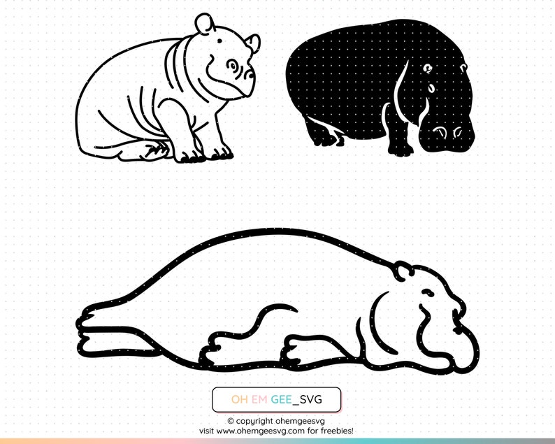 May include: Three black and white line drawings of hippos in different poses. The first hippo is standing, the second is walking, and the third is lying down.