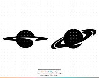 May include: Two black silhouette illustrations of Saturn, a planet with rings. The first illustration shows Saturn with a thin ring, the second illustration shows Saturn with a thicker ring.