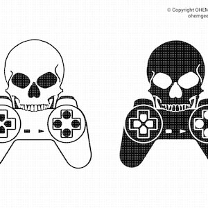 Pode incluir: Ilustração em preto e branco de uma caveira segurando um controlador de videogame. A caveira tem uma expressão ameaçadora e está usando um controlador de videogame como um par de óculos.