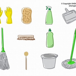 Puede incluir: Un conjunto de productos de limpieza que incluye una esponja amarilla, una botella de spray verde, una pala de polvo gris, una fregona verde, un cubo de fregona gris, una fregona verde y gris con un mango verde, un cepillo de fregar verde y gris, un par de guantes de limpieza amarillos, una botella de jabón lavavajillas verde y un cepillo de fregar marrón y beige.