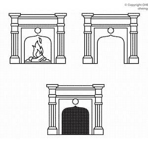 Puede incluir: Un dibujo en blanco y negro de tres dise&ntilde;os de chimenea diferentes. El primer dise&ntilde;o muestra una chimenea con fuego ardiendo en su interior. El segundo dise&ntilde;o muestra una chimenea con un arco abierto. El tercer dise&ntilde;o muestra una chimenea con un arco cerrado.