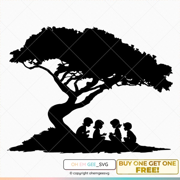 Children Playing Under Tree Svg, Outdoor Games Design Png, Childhood Fun Clipart, Outdoor Playtime Illustration, Happy Kids Eps, Kids Svg