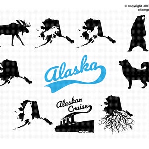 Alaskan Cruise SVG, Alaska Map SVG, Malamute SVG, Moose Svg, Alaska Kodiak Bear, Malamute Clipart, Moose Clipart, Roots Svg, Alaska Map Pvg