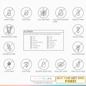 Ingrediënt waarschuwingslabels SVG-bundel, allergiepictogrammen SVG, voedselintolerantie SVG, melkvrije SVG, glutenvrije SVG, voedselallergie SVG, allergie SVG