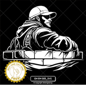 Puede incluir: Ilustración en blanco y negro de una persona con una gorra y una chaqueta, apoyada en una pared de ladrillo. La imagen incluye el texto "BUY ONE GET ONE FREE!" en un círculo amarillo.