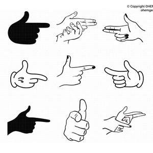 Puede incluir: Nueve gestos de mano diferentes, incluyendo gestos de apuntar, de paz y de pistola. Las manos están dibujadas en blanco y negro.