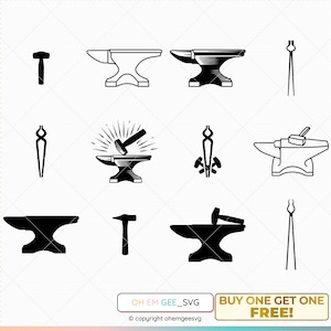 May include: Black and white vector illustrations of blacksmithing tools, including an anvil, hammer, and tongs. The illustrations are in a vintage style and would be perfect for use in a logo or design project.