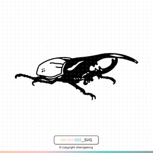 May include: Black and white line art illustration of a rhinoceros beetle. The beetle is facing left and has a large horn on its head.