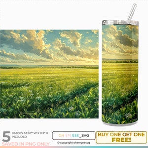 May include: A digital design featuring a field of green grass with white flowers and a cloudy sky. The design is perfect for a 20 ounce skinny tumbler wrap. "OH EM GEE_SVG" and "BUY ONE GET ONE FREE!" are written on the image.