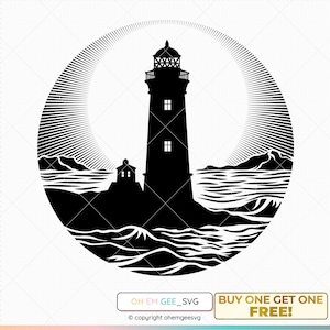 May include: Black and white silhouette of a lighthouse on a rocky shore with waves crashing against it. The lighthouse is in a circle with sun rays emanating from behind it.