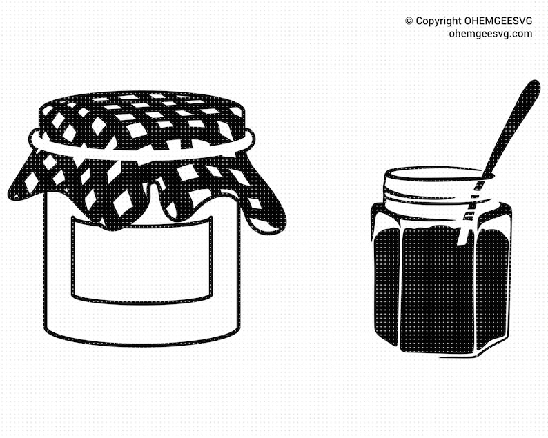 May include: Two black and white illustrations of glass jars with lids. The jar on the left has a checkered lid and a label. The jar on the right has a spoon in it.