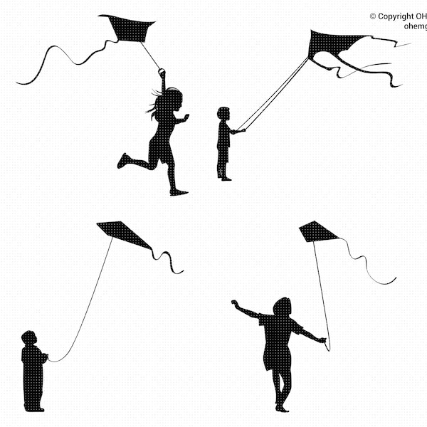 Kid Flying a Kite SVG, Little Boy Svg, Little Girl Png, Flying Kite Clipart, Kite Dxf, Kite Eps, Little Boy Cut File, Girl Silhouette