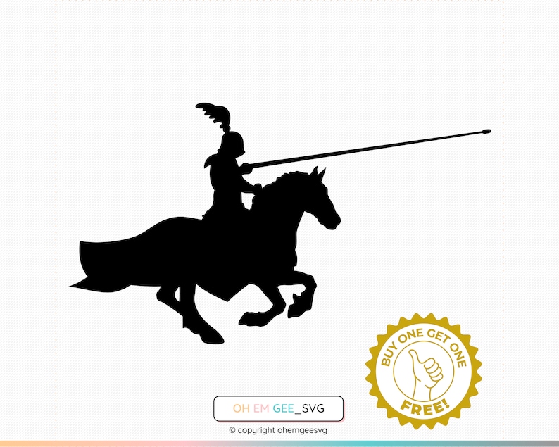 May include: Silhouette of a knight riding a horse with a lance, against a white background. The image is accompanied by a gold circle with the text "Buy One Get One Free!"