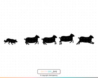 Può includere: Silhouette nera di un cane che corre seguito da quattro pecore, tutte rivolte verso il lato destro dell'immagine. L'immagine è su uno sfondo bianco con un motivo grigio chiaro.