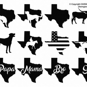 Bundle SVG État du Texas, Texas Svg, Texas Cowboy Svg, Svg du drapeau américain du Texas, Longhorn SVG, tatou SVG, Svg bleu dentelle, Svg de carte de l'état des États-Unis