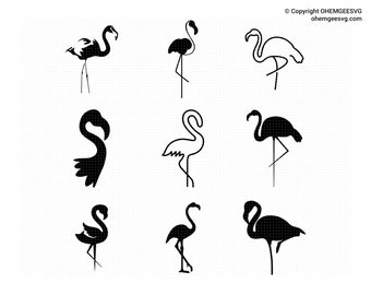 May include: A set of nine black and white silhouette images of flamingos in various poses. The flamingos are all facing to the right.