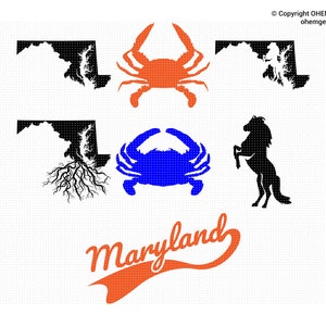 Maryland State Saved in Svg and Png Files, Maryland Blue Crab Clipart, Thoroughbred Dxf, Roots Eps, Crab Cricut, Maryland Map Cut File