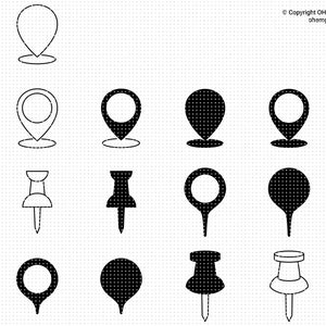 Könnte beinhalten: Ein Satz von 10 schwarzen und weißen Standort- und Stecknadel-Symbolen. Die Symbole sind in verschiedenen Stilen, einschließlich gefüllt, umrandet und gepunktet.