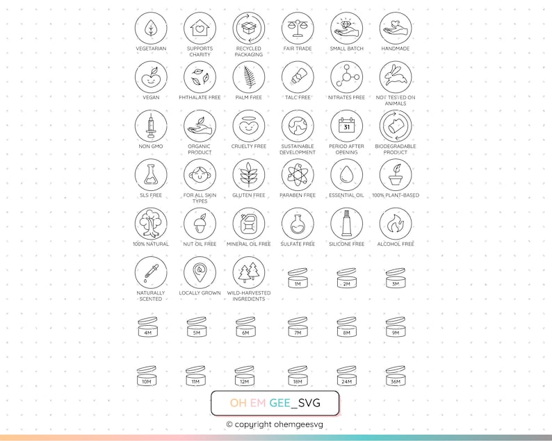 Puede incluir: Iconos de arte de l&iacute;nea en blanco y negro de varias etiquetas de productos, que incluyen vegano, libre de crueldad, libre de gluten y desarrollo sostenible. Los iconos est&aacute;n dispuestos en una cuadr&iacute;cula sobre un fondo blanco con un patr&oacute;n de puntos. El texto "OH EM GEE_SVG" aparece en la parte inferior de la imagen.