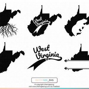 May include: A collection of black and white West Virginia state outline designs. Some designs include the state name in script, a bear silhouette, and a root system. The image also includes the text "OH EM GEE_SVG" and a website address.
