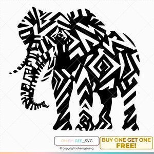May include: Black and white geometric pattern design of an elephant. The pattern is made up of triangles, squares, and other geometric shapes.