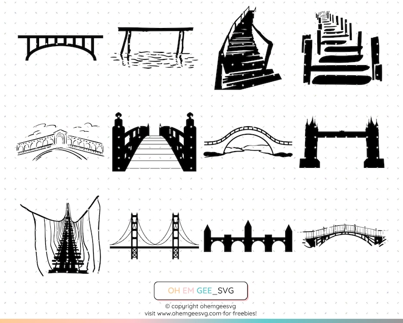 May include: A set of 10 black and white silhouette illustrations of different types of bridges. The bridges include a suspension bridge, a drawbridge, a pedestrian bridge, a bridge with arches, a bridge with a tower, a bridge with a pier, a bridge with a walkway, a bridge with a railing, a bridge with a gate, and a bridge with a fence.