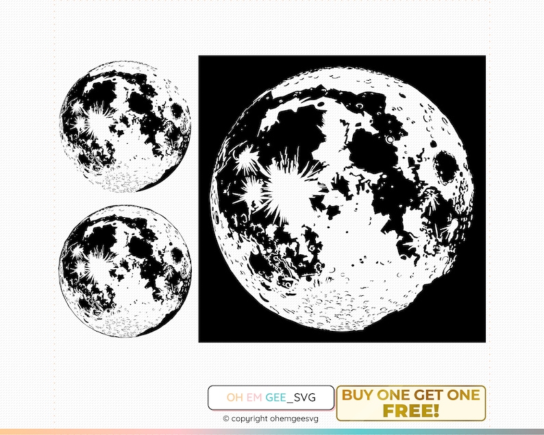 May include: Black and white illustration of a full moon with a detailed surface texture. The moon is shown in three different sizes, with the largest moon centered on a black background.
