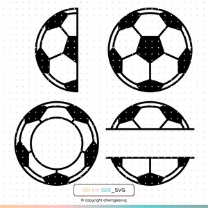 May include: Four black and white soccer ball designs. Two are full soccer balls, one is a half soccer ball, and one is a soccer ball arch. The text "OH EM GEE_SVG" is at the bottom of the image.