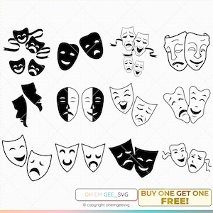 May include: A set of 12 black and white theatre masks, each depicting a different facial expression. The masks are arranged in a grid pattern, with three rows of four masks each. The masks are all in a simple, stylized design.