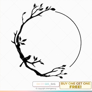 May include: Black and white silhouette of a bird perched on a branch with leaves, forming a circle frame. The frame is perfect for adding text or images.
