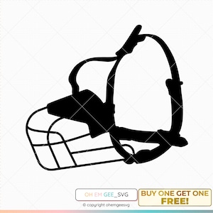 May include: Black and white silhouette of a dog muzzle. The muzzle is a basket style with a strap that goes around the dog's head.
