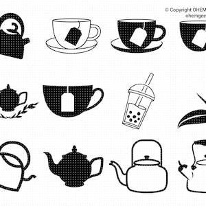 Pode incluir: Um conjunto de ilustrações em preto e branco de bules, xícaras de chá, saquinhos de chá e folhas de chá. As ilustrações são em um estilo simples e minimalista.