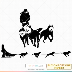 Puede incluir: Silueta en blanco y negro de una persona con una chaqueta con capucha conduciendo un trineo tirado por perros con tres perros. Los perros tiran del trineo con una cuerda. La imagen es un diseño gráfico para una descarga digital.