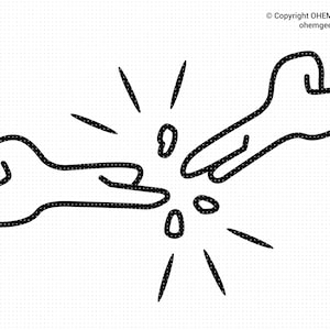 Puede incluir: Dos manos de dibujos animados en blanco y negro que se alcanzan con una ráfaga de puntos blancos en el medio.