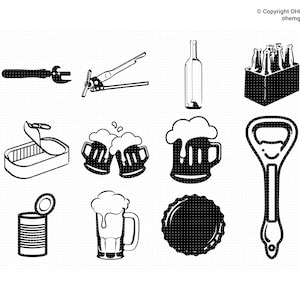 May include: Black and white illustrations of various beer-related items, including a can opener, a beer bottle, a six-pack of beer, a beer mug, a bottle opener, a can of beer, and a beer cap.