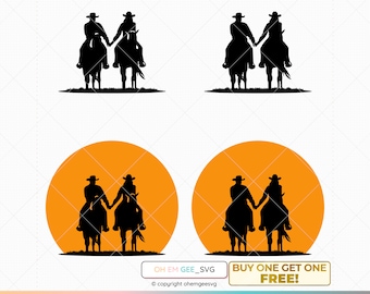 Cowboy and Cowgirl Holding Hands Svg, Cowboy Sunset Svg, Cowboy on a Horse Svg, Cowgirl on a Horse Svg, Holding Hands Svg