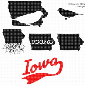 Könnte beinhalten: Ein Satz schwarzer und weißer Silhouetten-Designs mit dem Bundesstaat Iowa. Die Designs beinhalten einen Vogel, ein Herz mit dem Wort "Iowa" darin und eine Umrisszeichnung des Bundesstaates mit Wurzeln, die aus dem Boden wachsen. Das Wort "Iowa" wird auch in Rot mit einem roten Schwung darunter dargestellt.