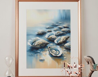 Oesterschilderij: muurkunst strandachtige kust (digitale download)