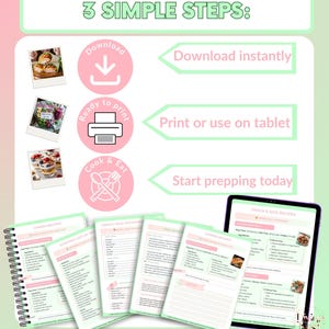 K&ouml;nnte beinhalten: Ein digitaler Rezeptplaner mit einem Spiralnotizbuch und einem Tablet, das Rezepte anzeigt. Das Bild enth&auml;lt den Text "3 EINFACHE SCHRITTE: Sofort herunterladen, Drucken oder auf dem Tablet verwenden, Heute mit der Zubereitung beginnen."
