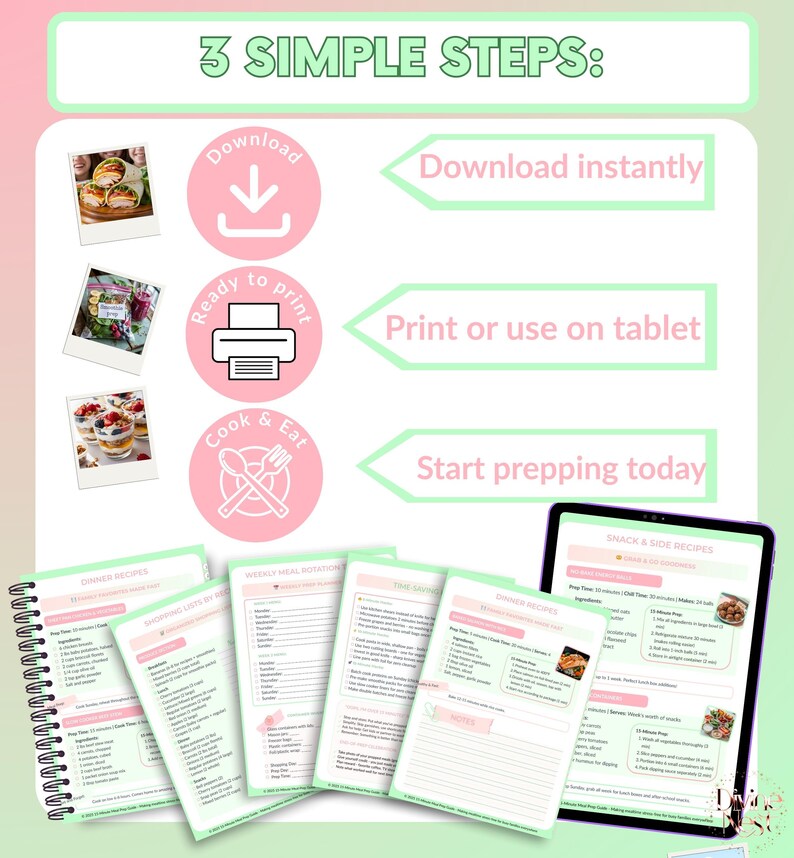 K&ouml;nnte beinhalten: Ein digitaler Rezeptplaner mit einem Spiralnotizbuch und einem Tablet, das Rezepte anzeigt. Das Bild enth&auml;lt den Text "3 EINFACHE SCHRITTE: Sofort herunterladen, Drucken oder auf dem Tablet verwenden, Heute mit der Zubereitung beginnen."