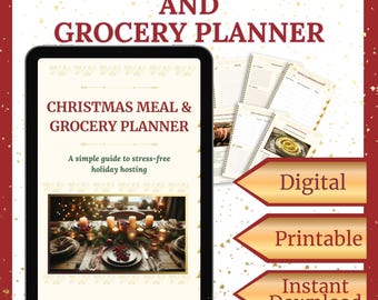 Puede incluir: Un planificador digital e imprimible de comidas y compras navideñas. La imagen muestra una tableta que muestra la portada del planificador, una guía sencilla para una organización de vacaciones sin estrés. El diseño incluye una combinación de colores festivos en rojo y dorado con las palabras "Digital", "Imprimible" y "Descarga instantánea".