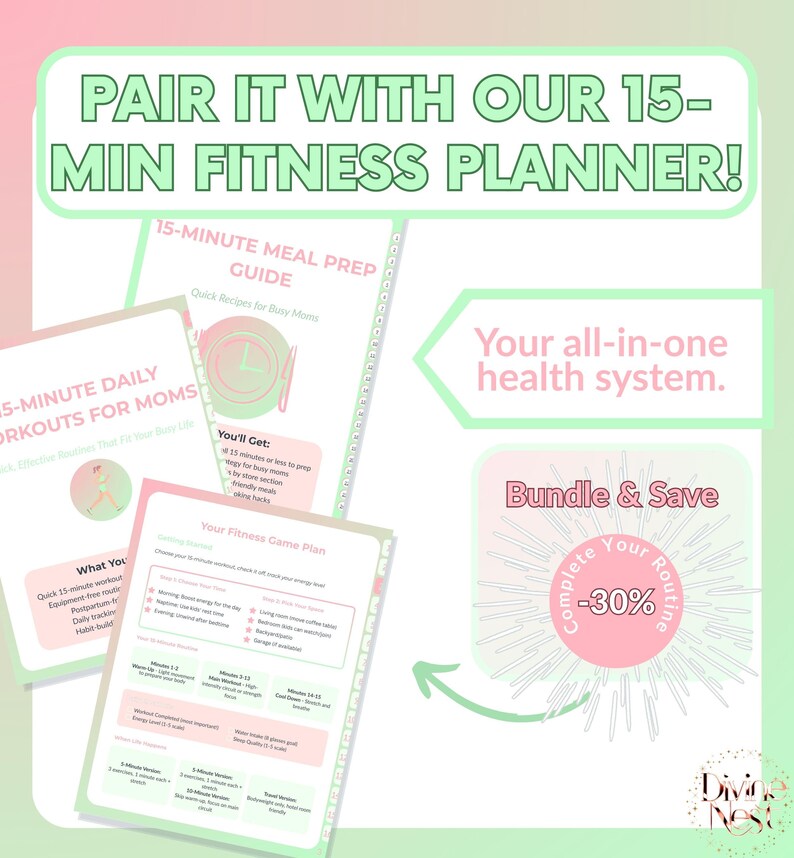 K&ouml;nnte beinhalten: Eine Sammlung von Fitnessplanern mit dem Text "PAIR IT WITH OUR 15-MIN FITNESS PLANNER!" und "15-MINUTE MEAL PREP GUIDE". Die Planer sind wei&szlig; mit rosa und gr&uuml;nen Akzenten und werben f&uuml;r ein Gesundheitssystem.