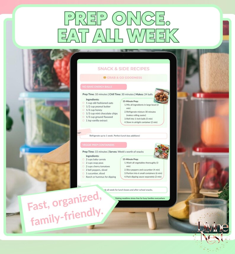 K&ouml;nnte beinhalten: Ein Tablet-Bildschirm zeigt ein Rezept zur Essenszubereitung mit dem Text &bdquo;Einmal vorbereiten. Die ganze Woche essen&ldquo;. Der Bildschirm zeigt Anweisungen f&uuml;r No-Bake-Energieb&auml;llchen und Gem&uuml;se-Vorbereitungsbeh&auml;lter. Der Text &bdquo;Schnell, organisiert, familienfreundlich&ldquo; ist ebenfalls enthalten.