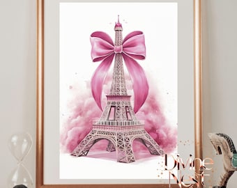 May include: A pink watercolor illustration of the Eiffel Tower with a large pink bow on top. The tower is surrounded by pink clouds.