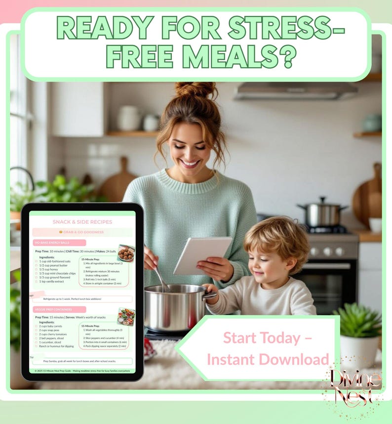 K&ouml;nnte beinhalten: Eine Frau und ein Kind in einer K&uuml;che, mit einem Tablet und einem Topf auf dem Herd. Der Text "READY FOR STRESS-FREE MEALS?" steht oben. Ein Tablet zeigt ein Rezept an. Der Text "Start Today - Instant Download" ist ebenfalls sichtbar.